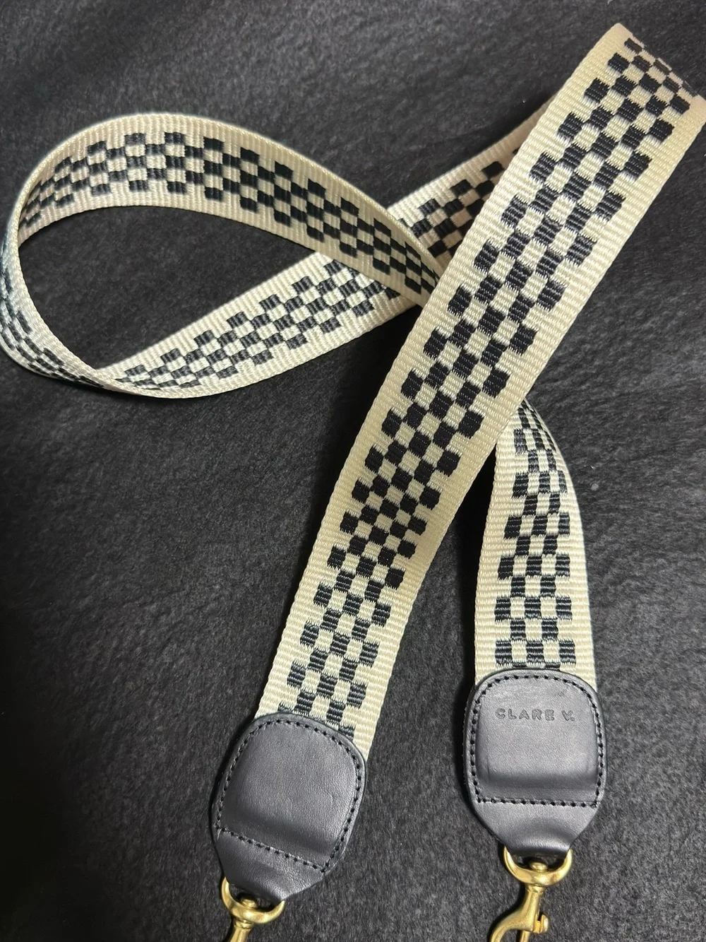 Beige & Black Checked Canvas Strap with Leather Trim